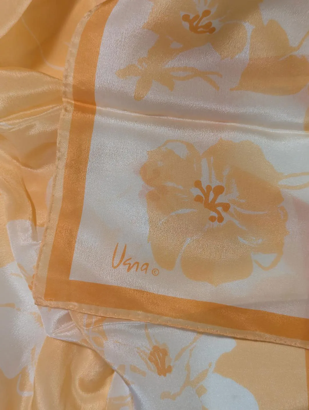 * VINTAGE VERA GOLD AND BURNT ORANGE HAWAIIAN HIBISCUS FLORAL ALL SILK SCARF