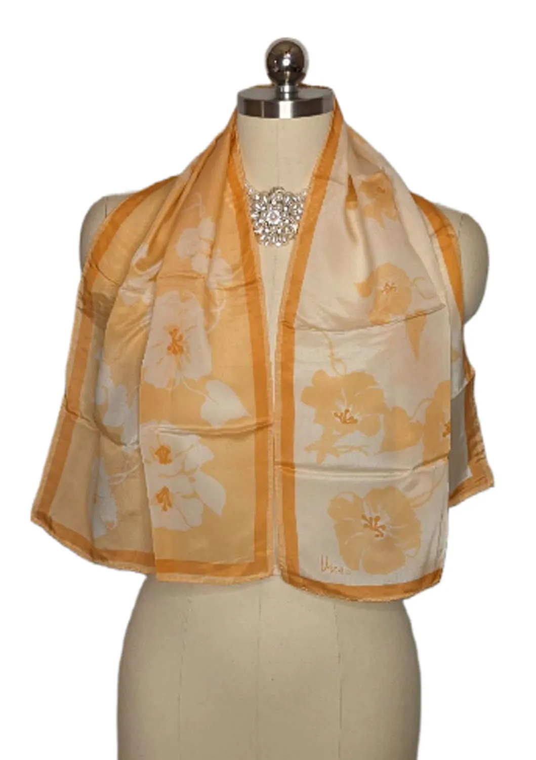 * VINTAGE VERA GOLD AND BURNT ORANGE HAWAIIAN HIBISCUS FLORAL ALL SILK SCARF