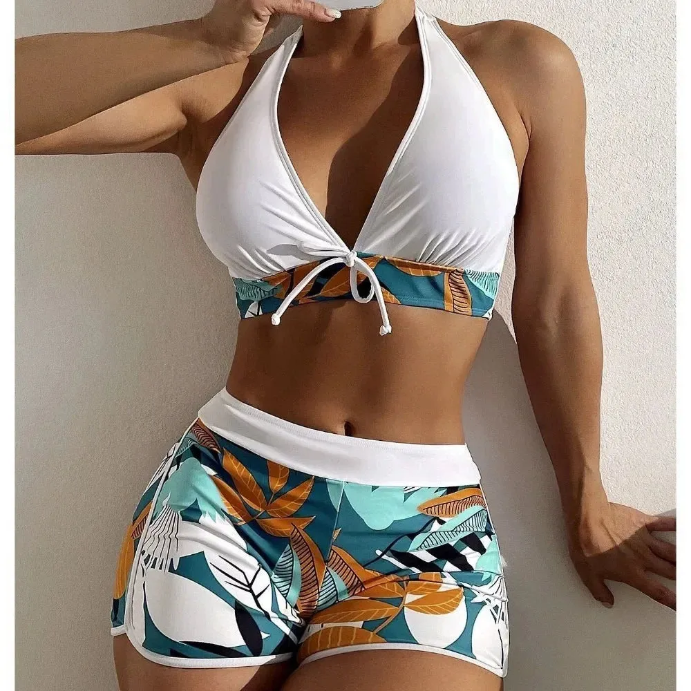 2024 Women's Split High Waist Flat Angle Lace-up Print Solid Color Patchwork Swimsuit