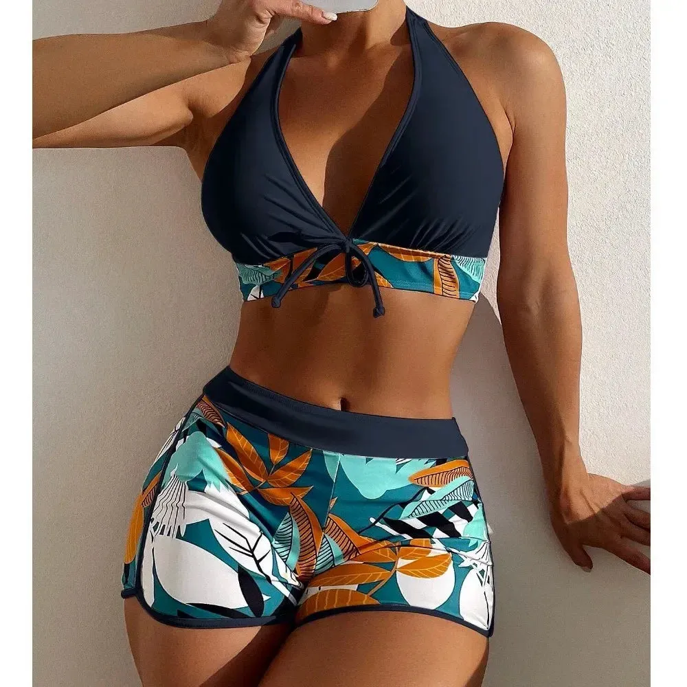 2024 Women's Split High Waist Flat Angle Lace-up Print Solid Color Patchwork Swimsuit