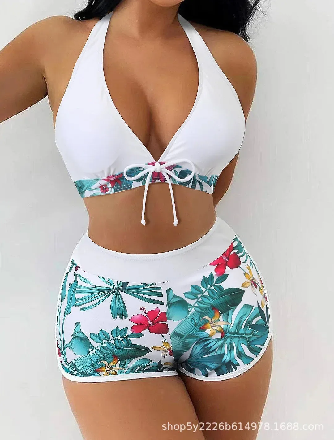 2024 Women's Split High Waist Flat Angle Lace-up Print Solid Color Patchwork Swimsuit