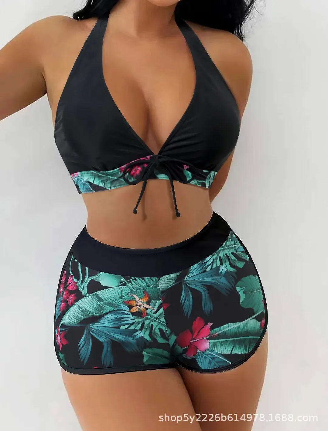 2024 Women's Split High Waist Flat Angle Lace-up Print Solid Color Patchwork Swimsuit