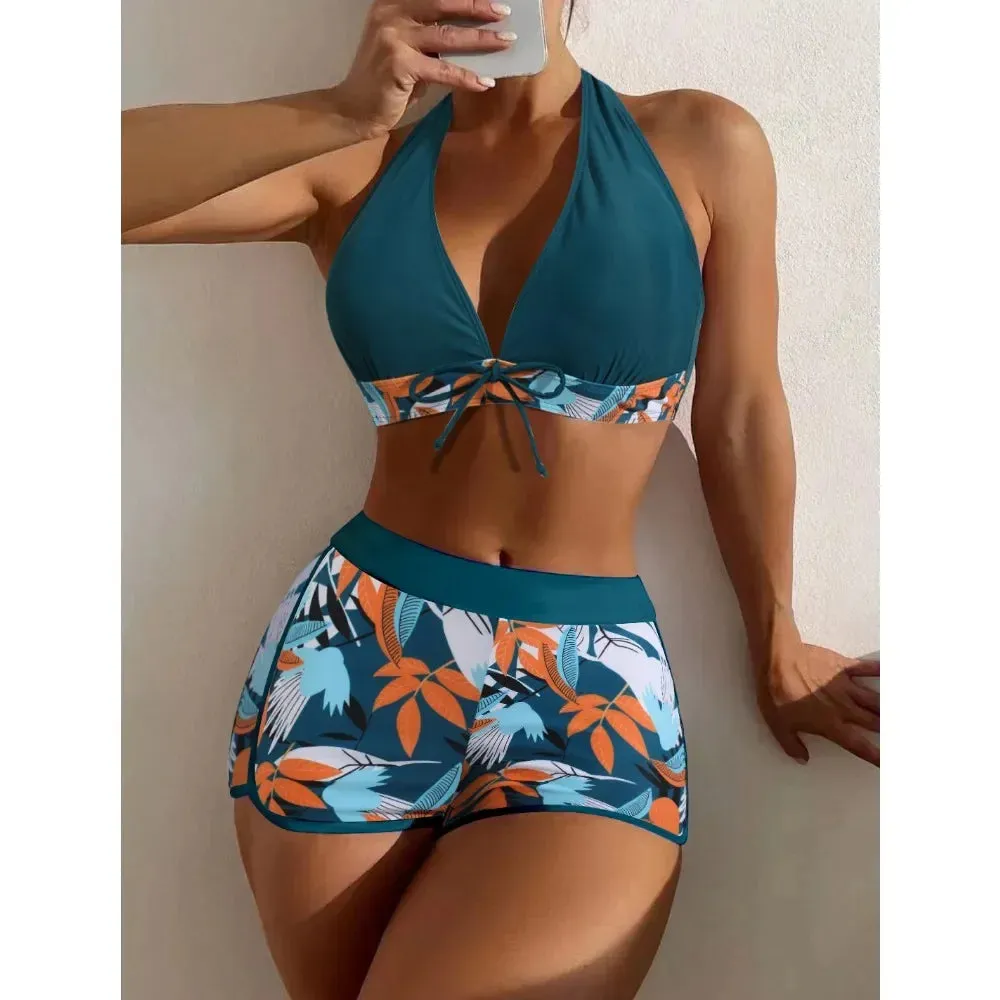 2024 Women's Split High Waist Flat Angle Lace-up Print Solid Color Patchwork Swimsuit