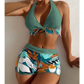 2024 Women's Split High Waist Flat Angle Lace-up Print Solid Color Patchwork Swimsuit