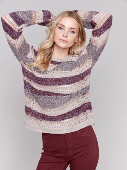 CHARLIE B PATCHWORK KNIT SWEATER - WINE MULTI - C2731044CP667