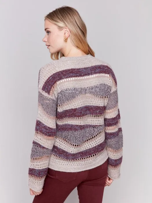 CHARLIE B PATCHWORK KNIT SWEATER - WINE MULTI - C2731044CP667