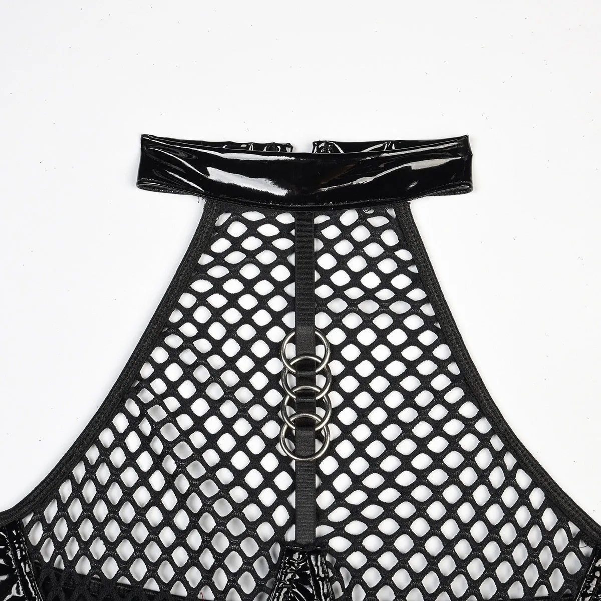 'I Ain't Missing You' Black Mesh Patent Fake Leather Lingerie Bodysuit