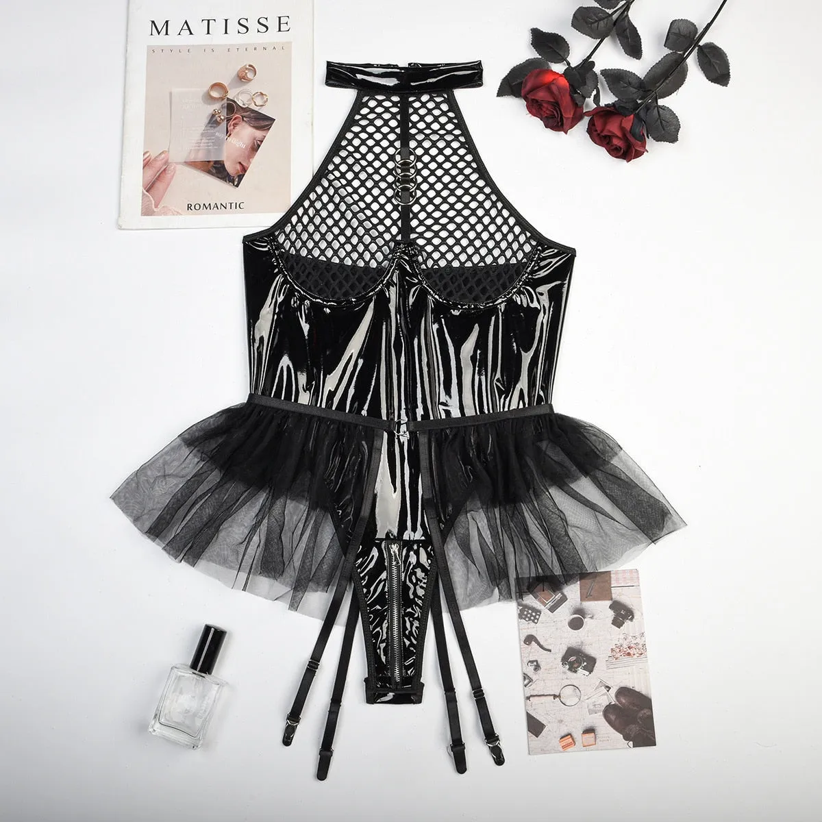 'I Ain't Missing You' Black Mesh Patent Fake Leather Lingerie Bodysuit