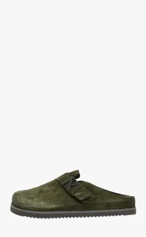 INITIAL MULE FLECK HAIRY SUEDE OLIVE SLIPPERS