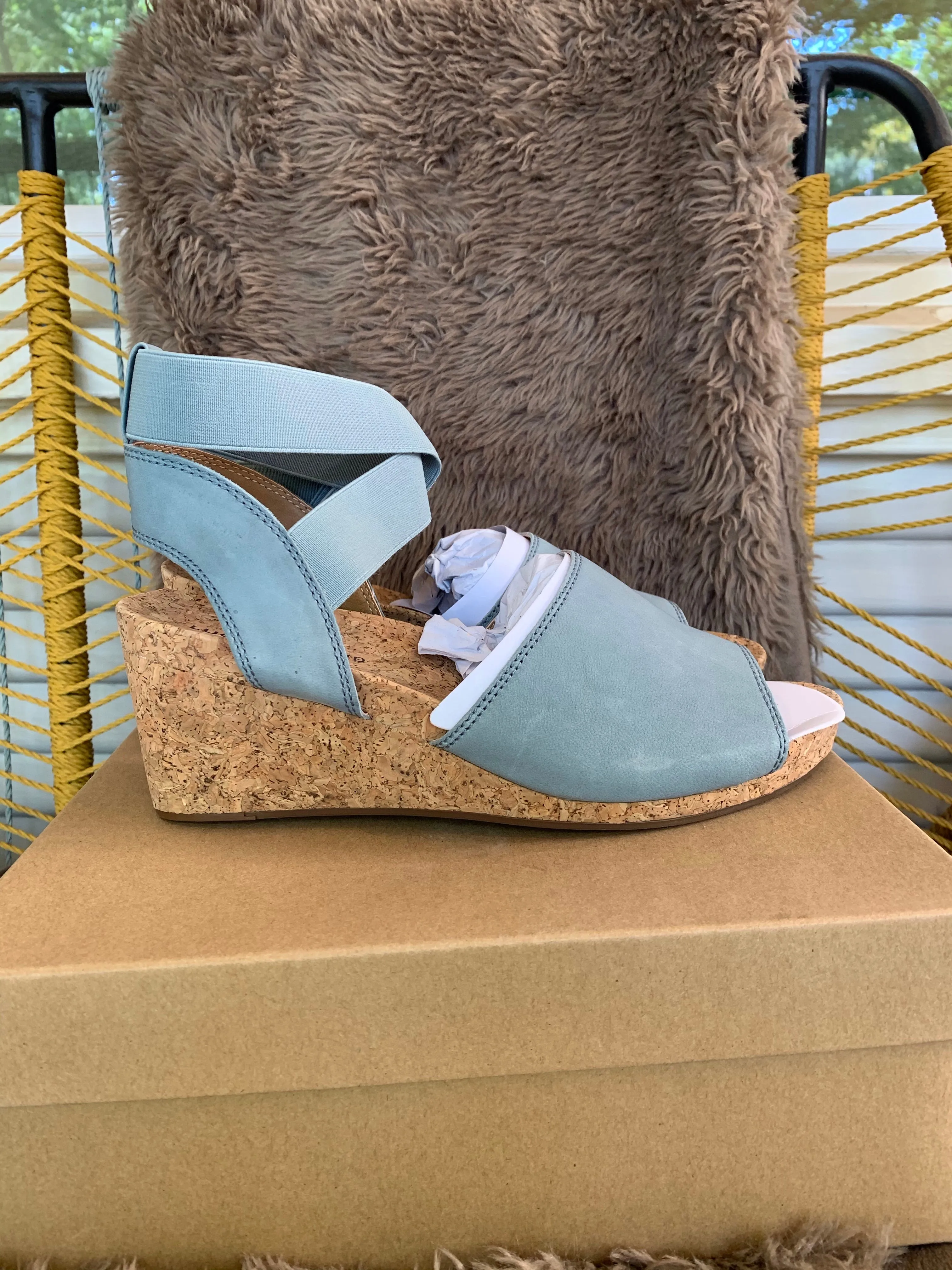 Lucky Brand Kyla Leather Ankle Wrap Wedge Sandal Shoes, Cloud Color