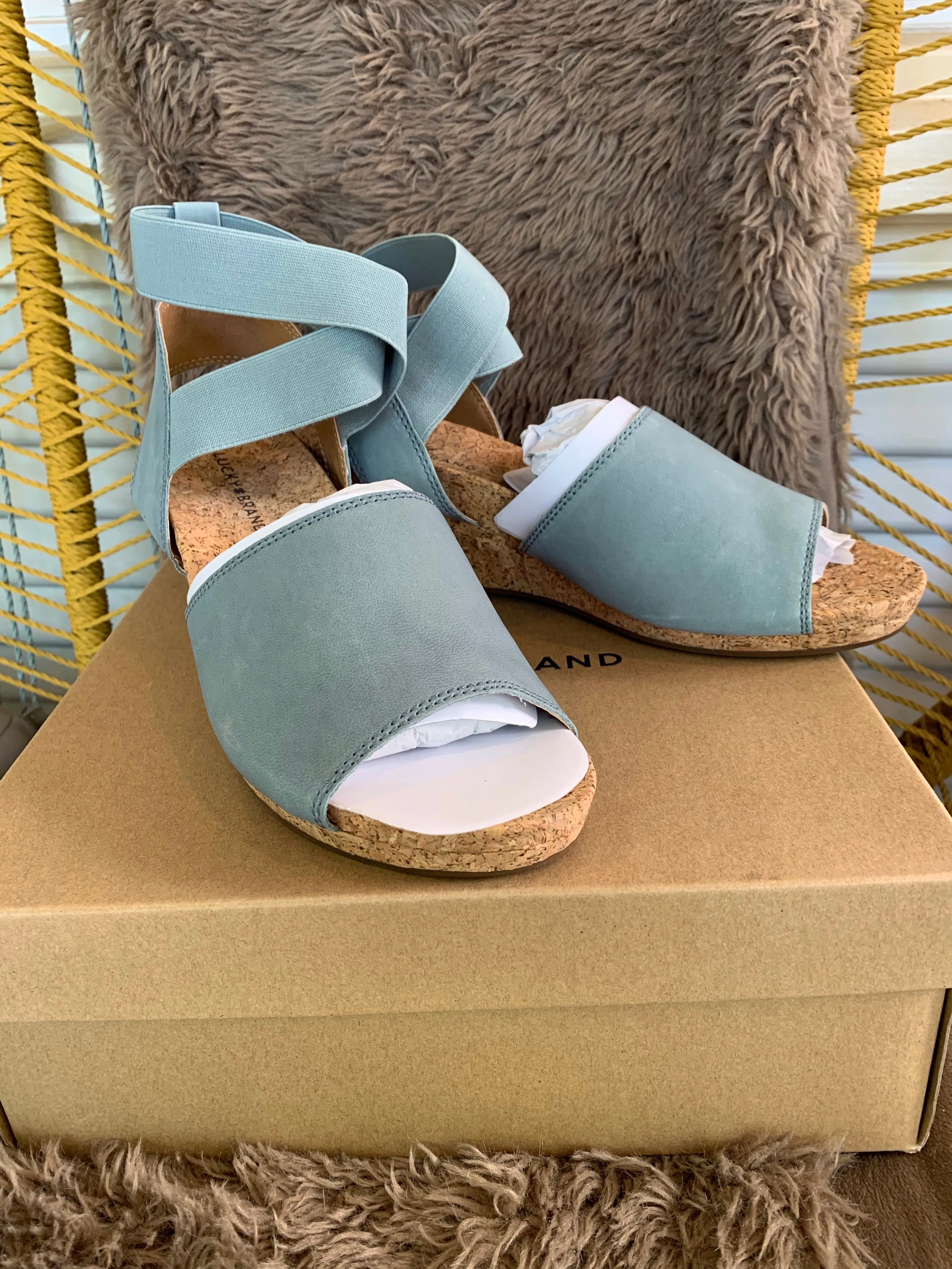 Lucky Brand Kyla Leather Ankle Wrap Wedge Sandal Shoes, Cloud Color