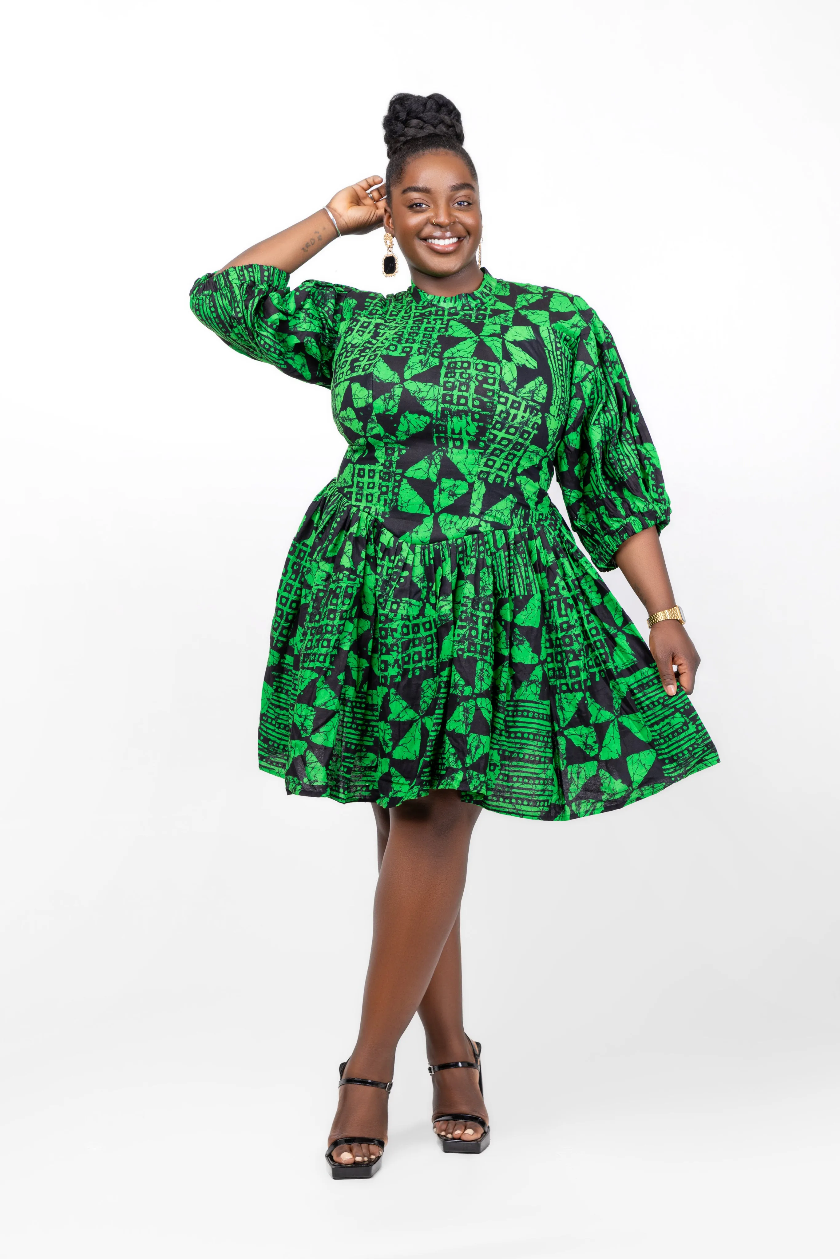 Morayo Ankara Short Mini Dress | Green African Print