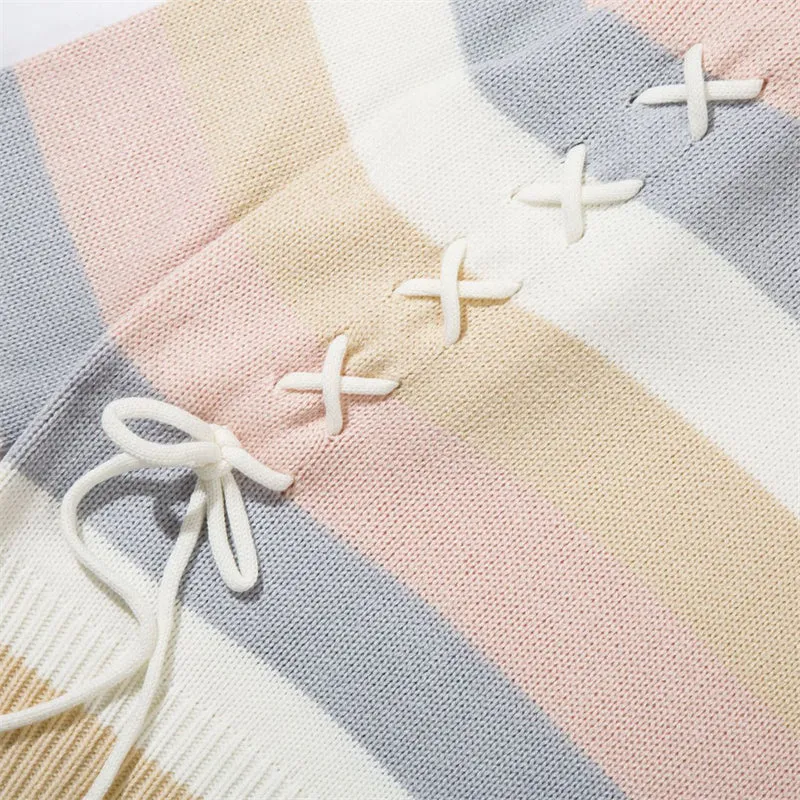 Multicolor Stripe Letter Embroidery Sweater