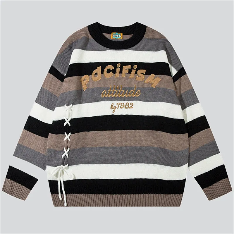 Multicolor Stripe Letter Embroidery Sweater