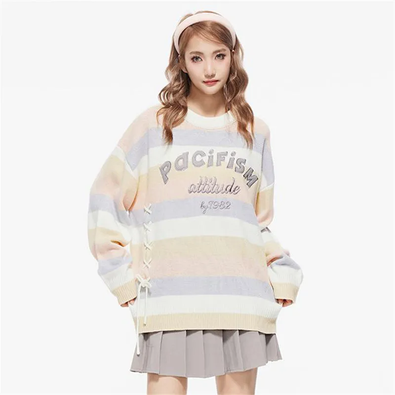 Multicolor Stripe Letter Embroidery Sweater