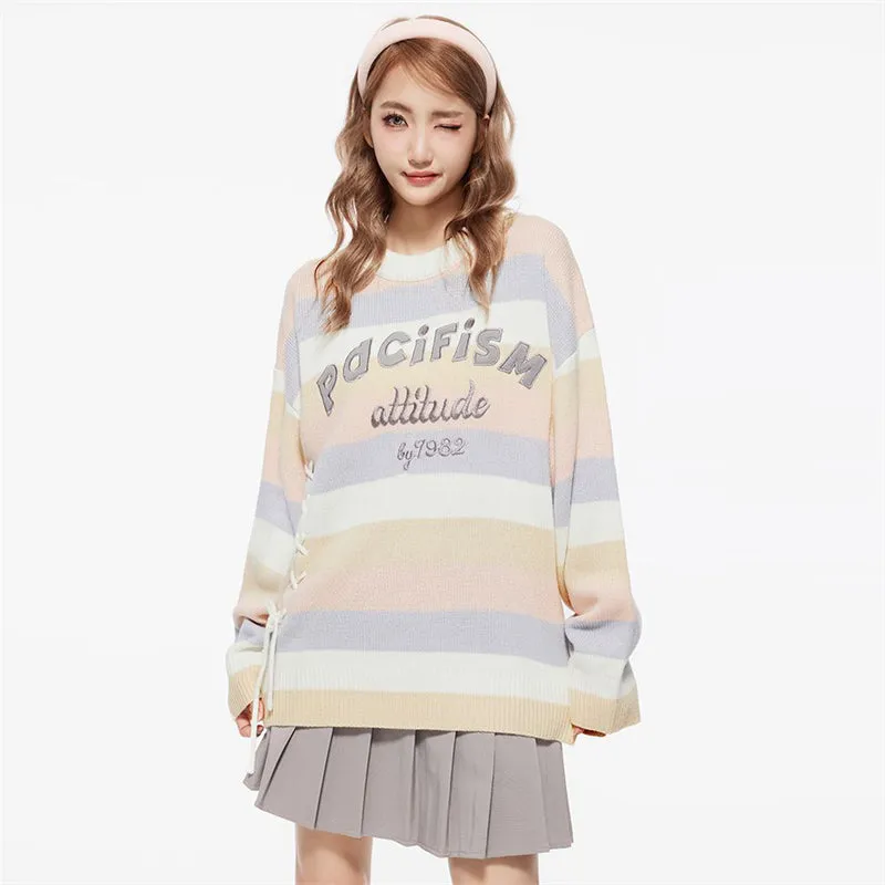 Multicolor Stripe Letter Embroidery Sweater