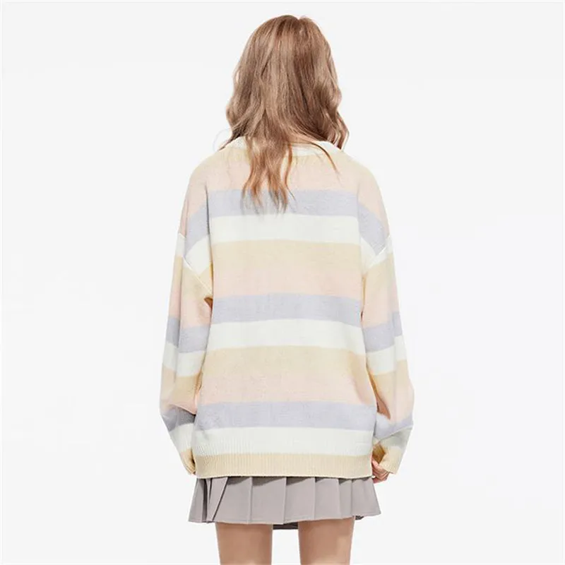 Multicolor Stripe Letter Embroidery Sweater