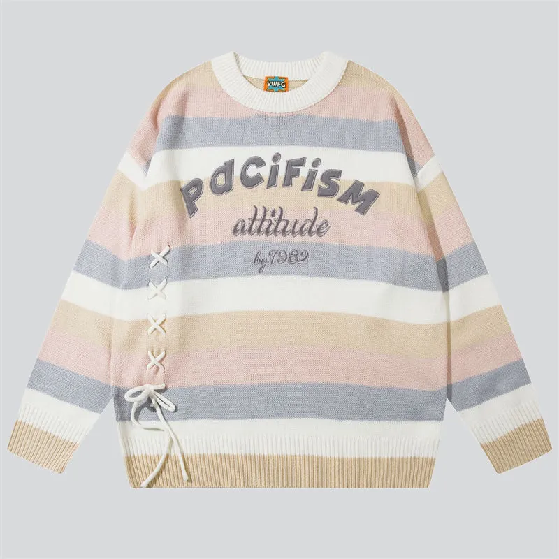 Multicolor Stripe Letter Embroidery Sweater