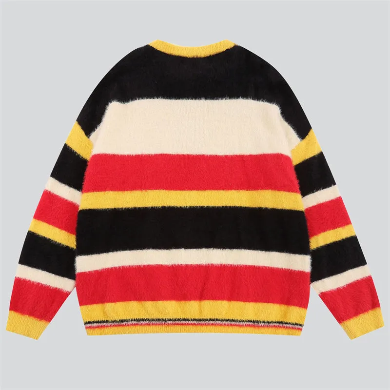 Multicolor Stripes Cartoon Kitty Fluffy Sweater