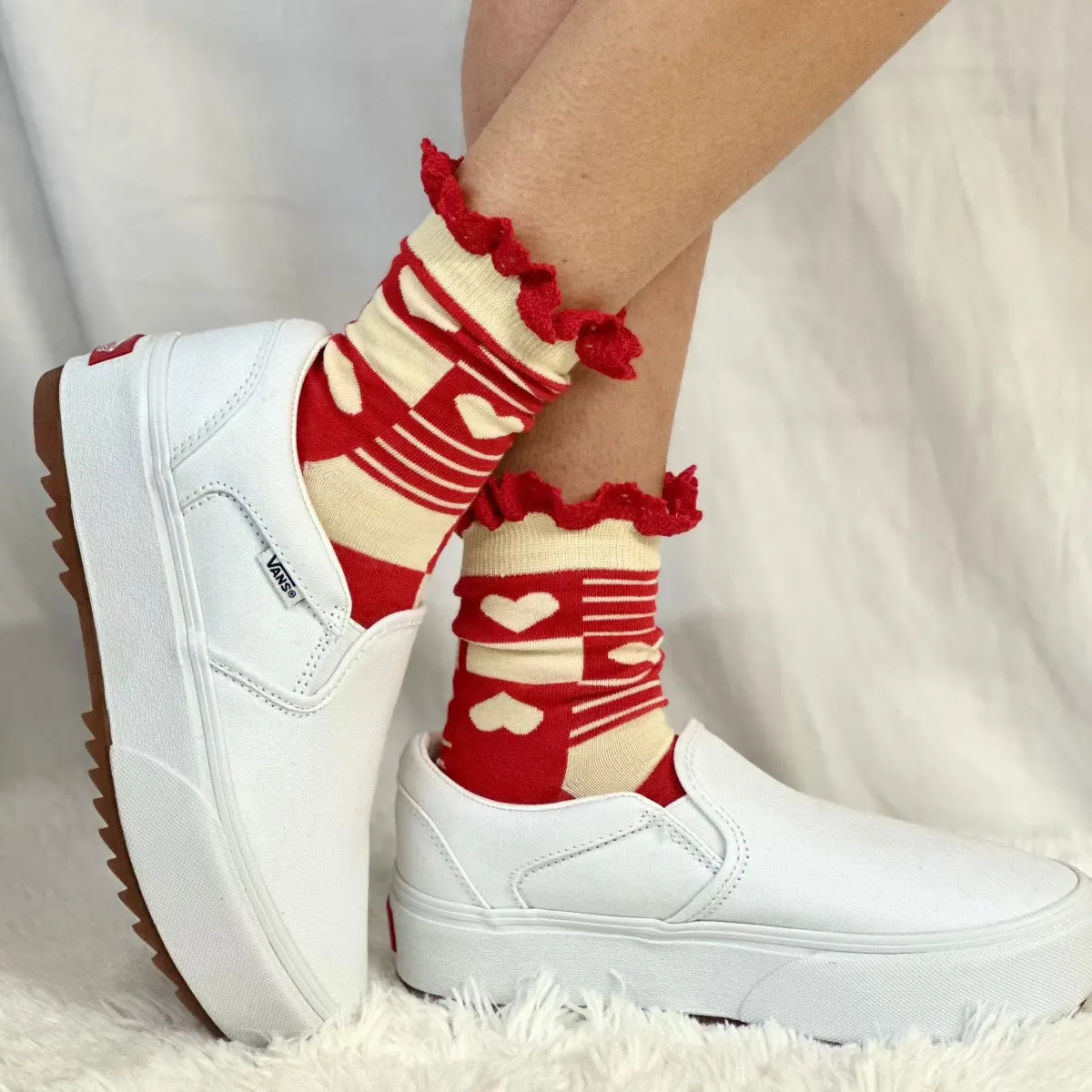 PATCHWORK  lace top heart ankle sock - red