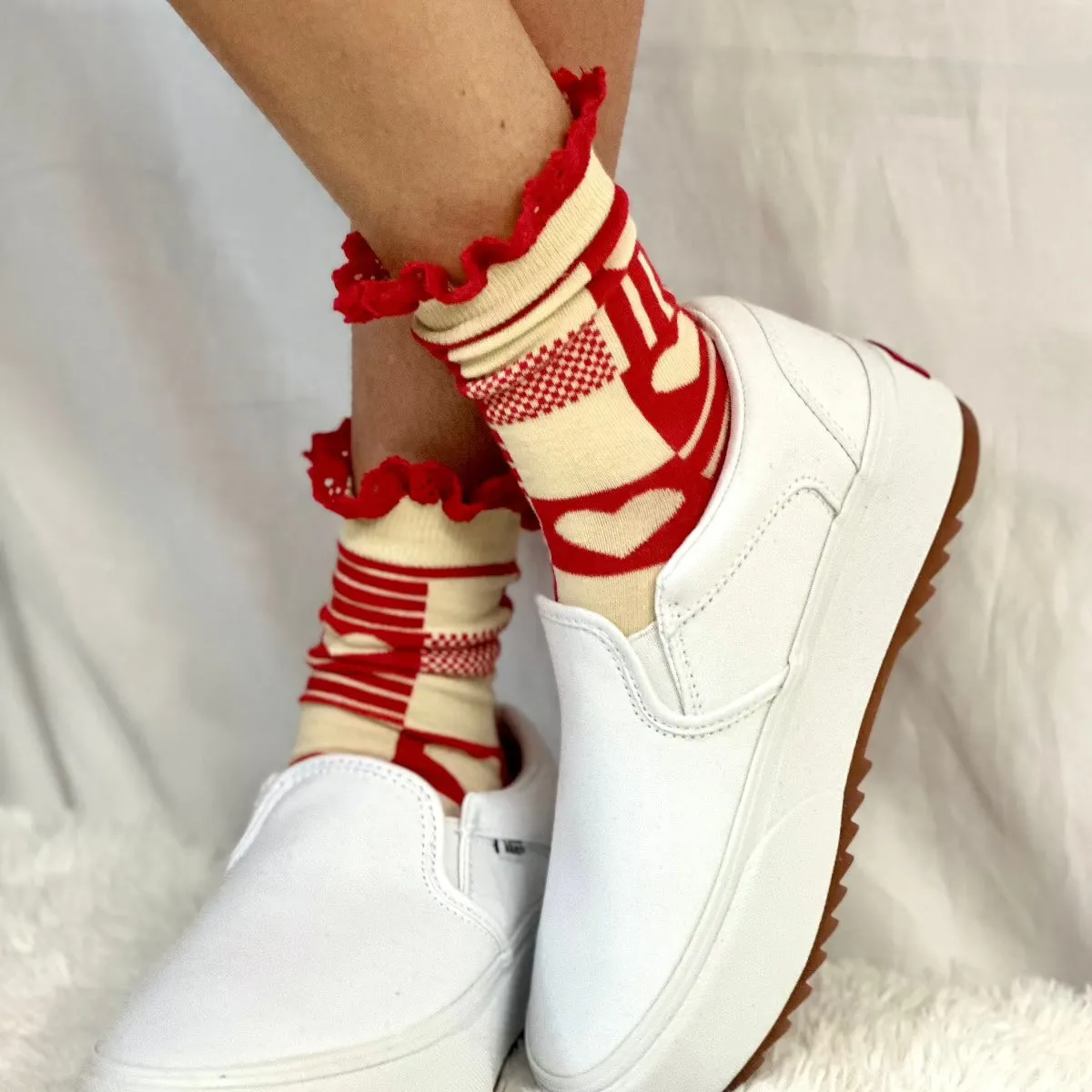 PATCHWORK  lace top heart ankle sock - red