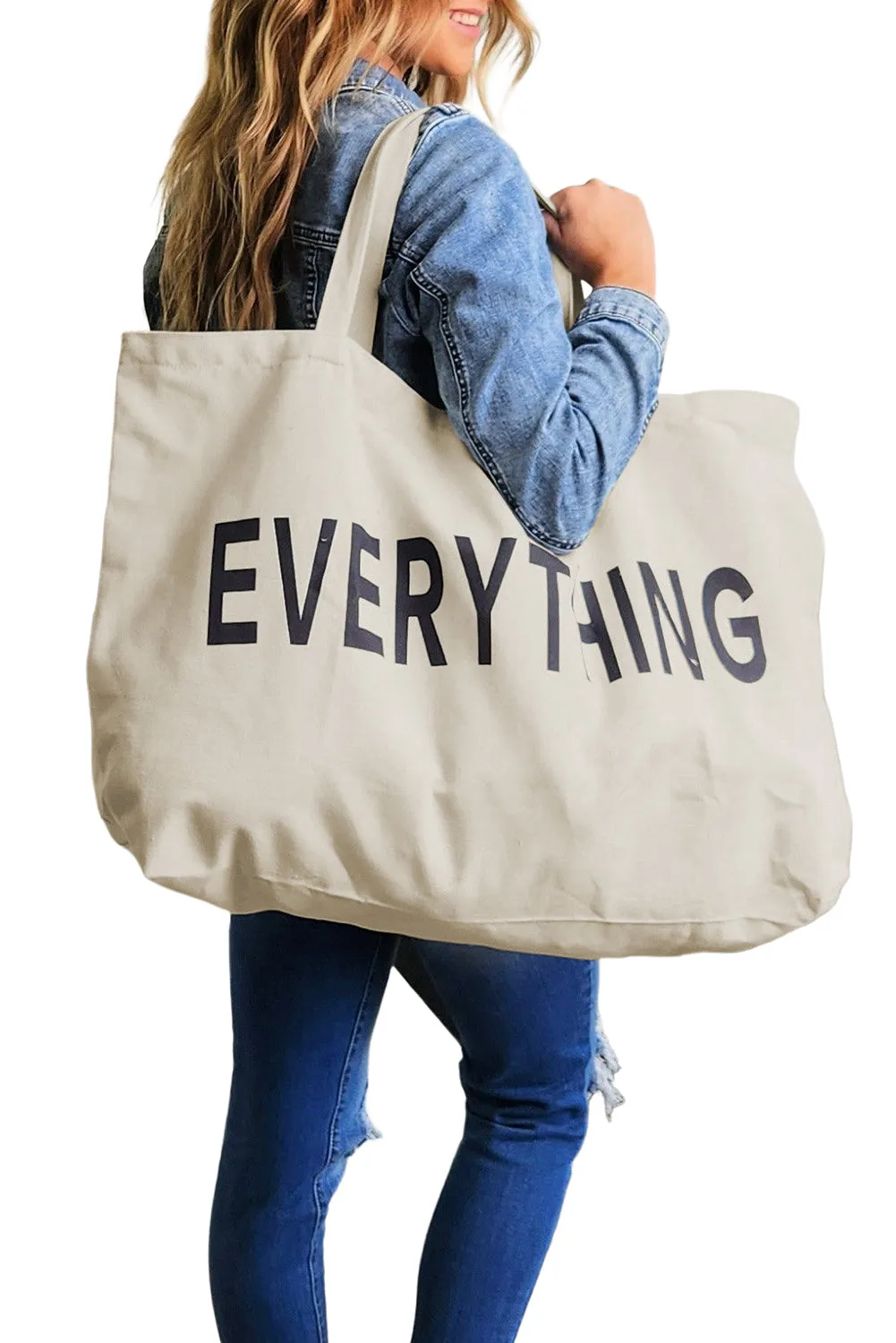 White 73*17*44cm EVERYTHING Letter Print Large Canvas Tote Bag