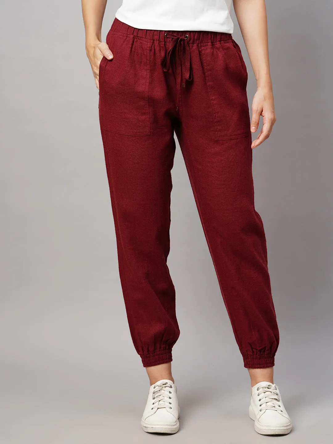 Women's Maroon/Red Linen Viscose Regular Fit Pant